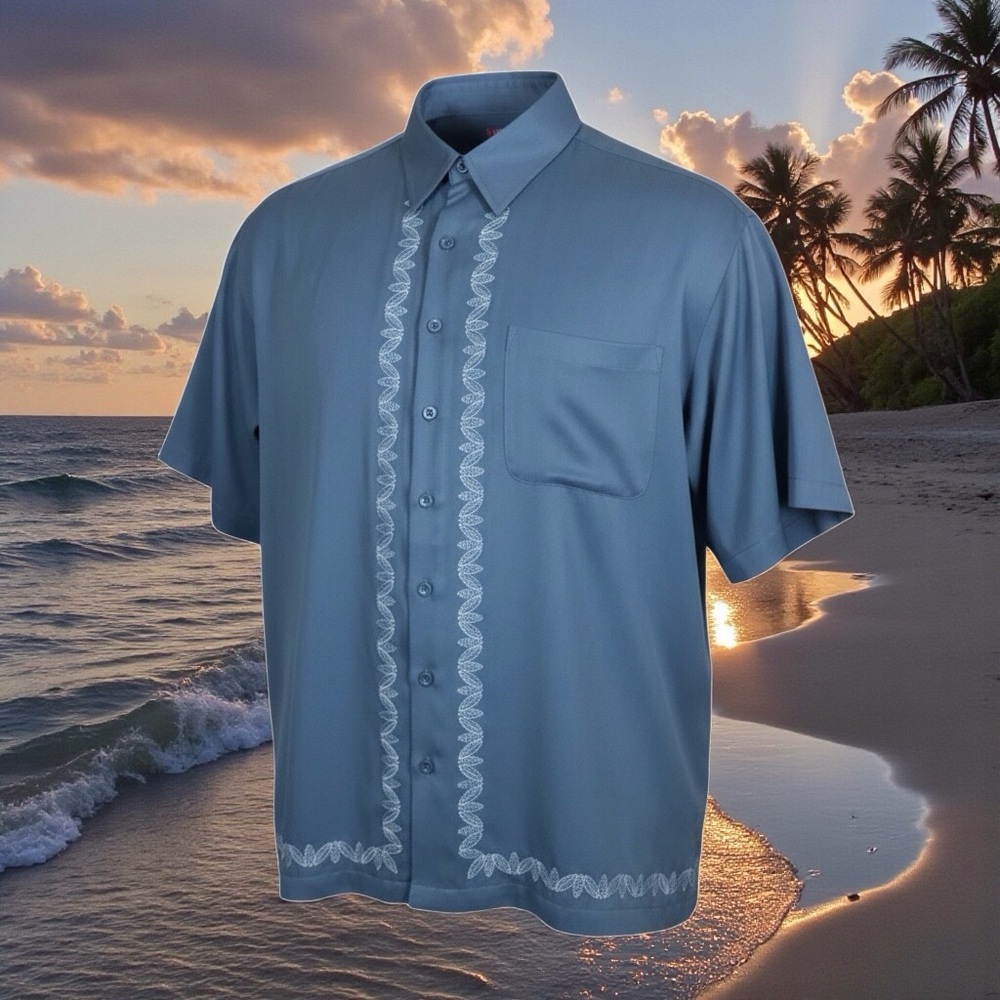 CARIBBEAN Silk Contrast Embroidered Short Sleeve Button Down Shirt